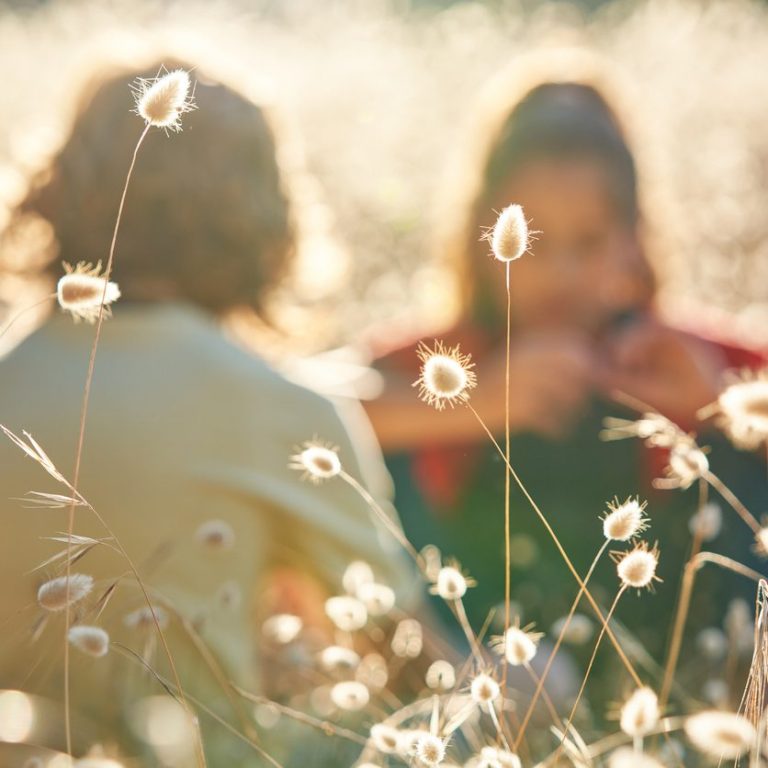 Zwei nur verschwommen erkennbare Personen sitzen im Gras und genießen die Natur an einem sonnigen Tag.